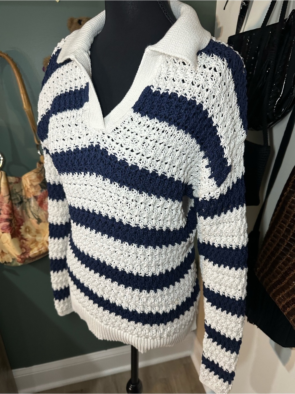 Talbots Coastal Grandmother Open Knit Sweater Navy Stripe Preppy Size S - Picture 5 of 6